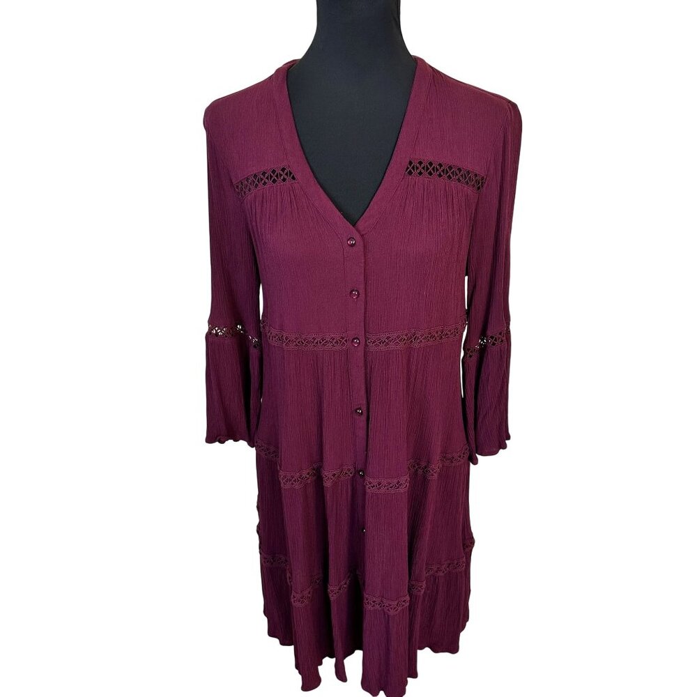 Knox Rose Womens Peasant Dress Tunic Full Button Burgundy Medium V Neck Boho